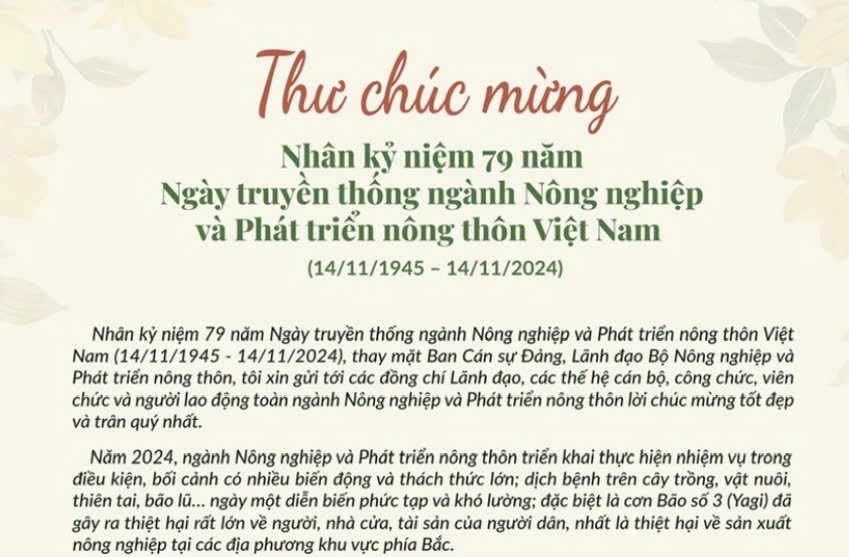 Bộ trường Lê Minh Hoan gửi thư chúc mừng nhân kỷ niệm 79 năm Ngày truyền thống ngành Nông nghiệp và Phát triển nông thôn Việt Nam (14/11/1945 - 14/11/2024)
