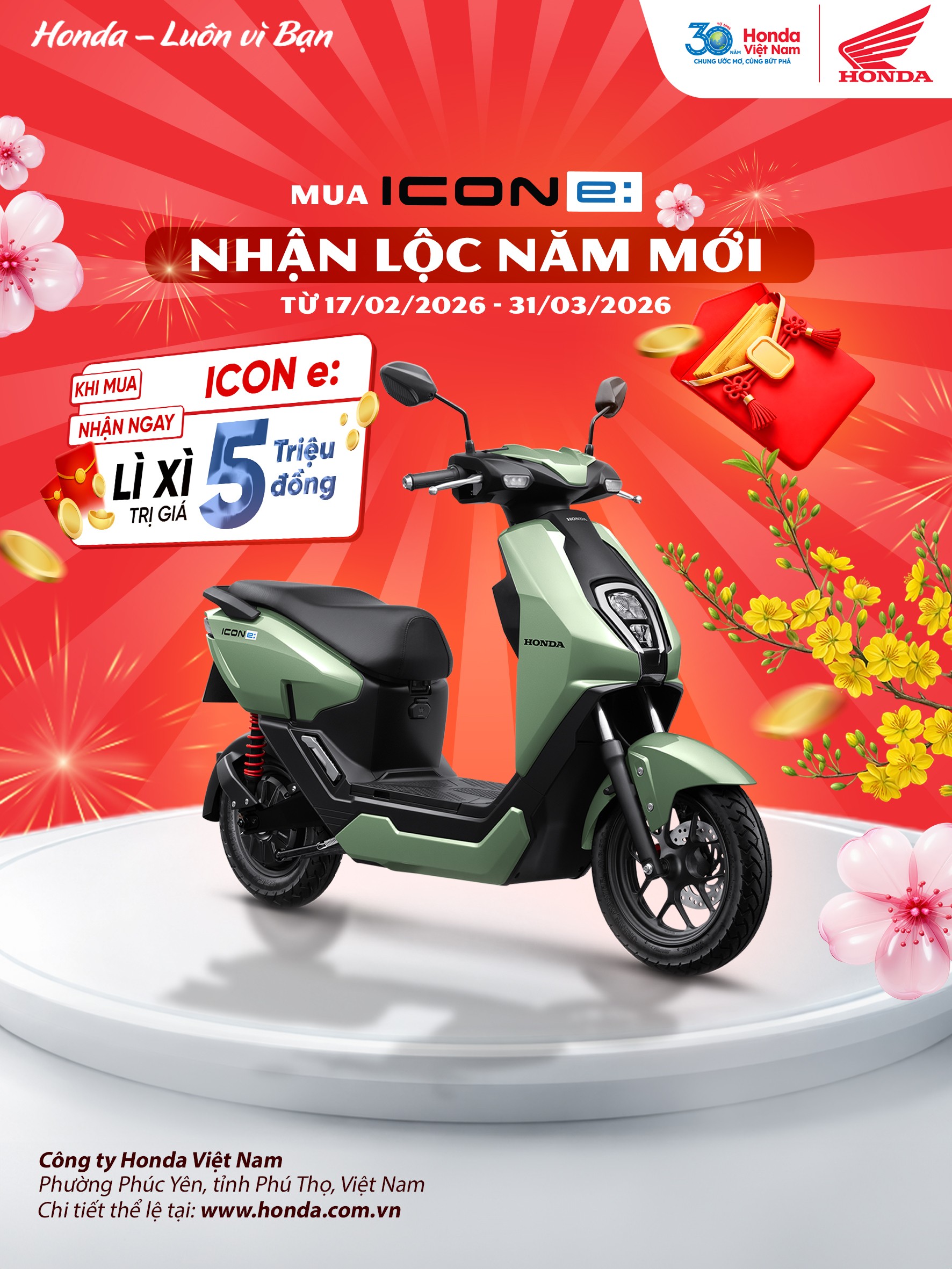 Lì xì đầu xuân, Honda Việt Nam ưu đãi đặc biệt 5 triệu đồng cho xe gắn máy điện Honda ICON e: ảnh 1