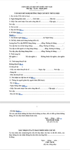 Thủ tục, mẫu đơn để người cao tuổi không có lương hưu nhận trợ cấp hưu trí xã hội