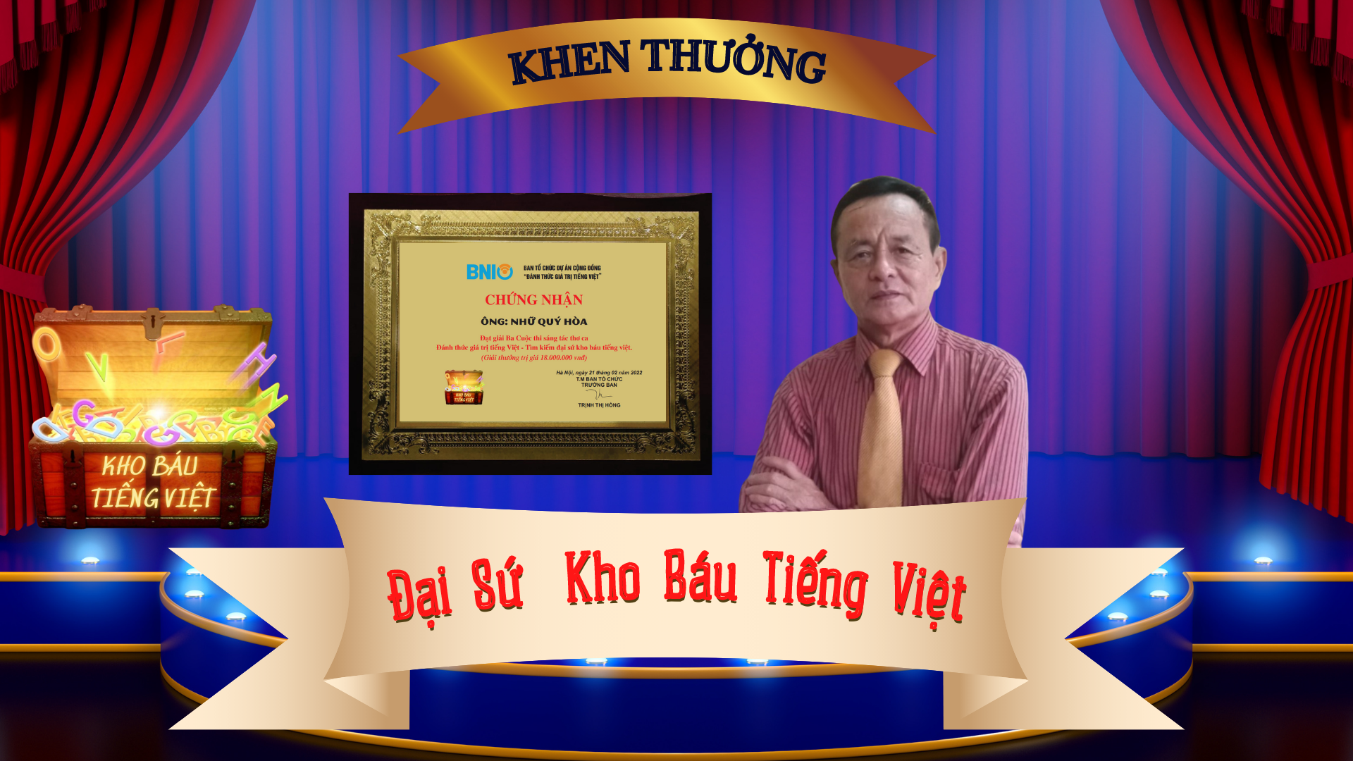 Đại sứ Kho báu Tiếng Việt NHỮ QUÝ HÒA, sau chung kết Cuộc thi  Sáng tác Thơ ca - Đánh thức Giá trị Tiếng Việt.
