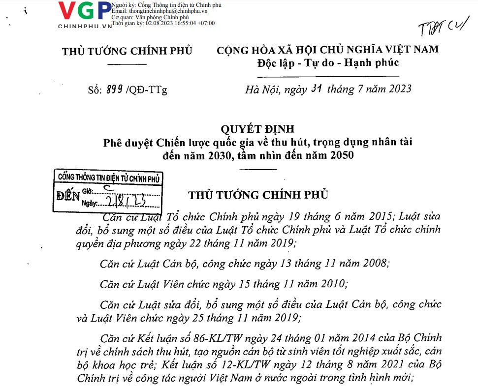 EBOOK: Quyết định số 899-QĐ/TTg ngày 31/7/2023 về việc phê duyệt chiến lược quốc gia về thu hút, trọng dụng nhân tài đến năm 2030, tầm nhìn đến năm 2050