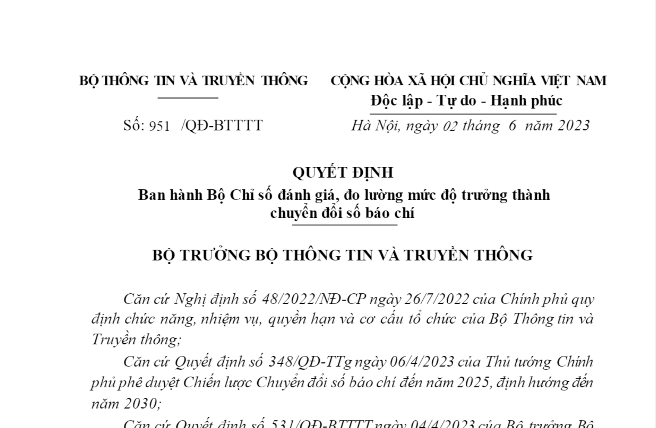 EBOOK: Quyết định số 951 ban hành bộ chỉ số đánh giá, đo lường mức độ trưởng thành chuyển đổi số báo chí
