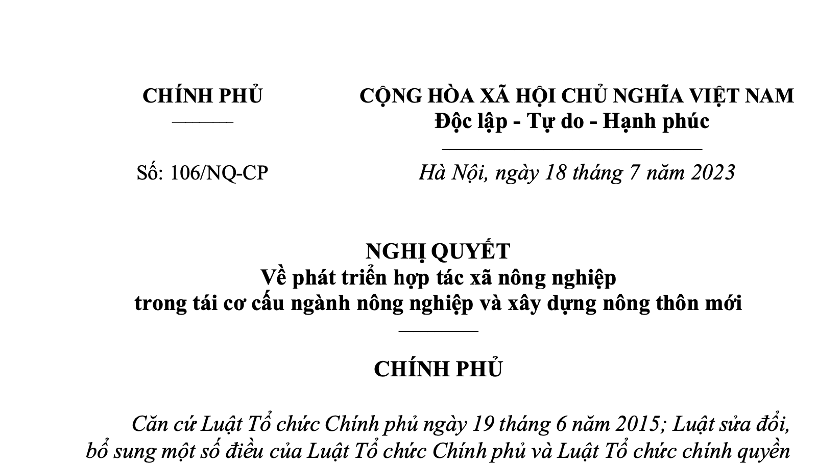 Nghị quyết về phát triển hợp tác xã nông nghiệp trong tái cơ cấu ngành nông nghiệp và xây dựng nông thôn