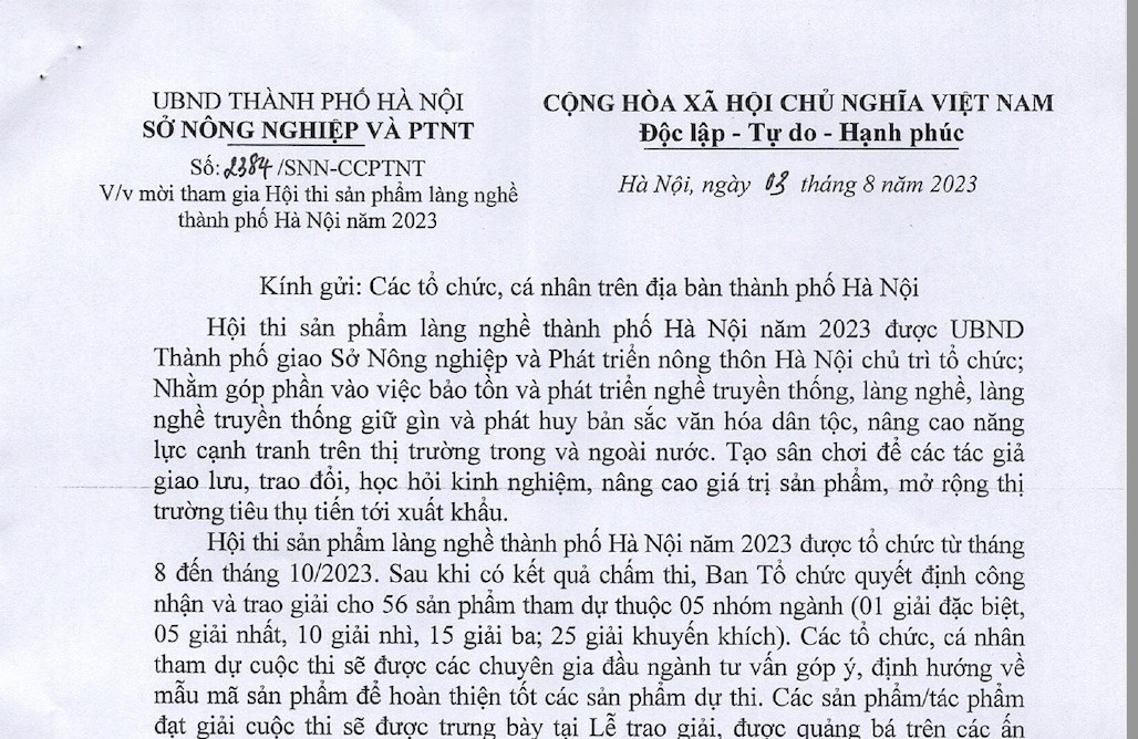 Thể lệ "Hội thi sản phẩm làng nghề thành phố Hà Nội năm 2023"