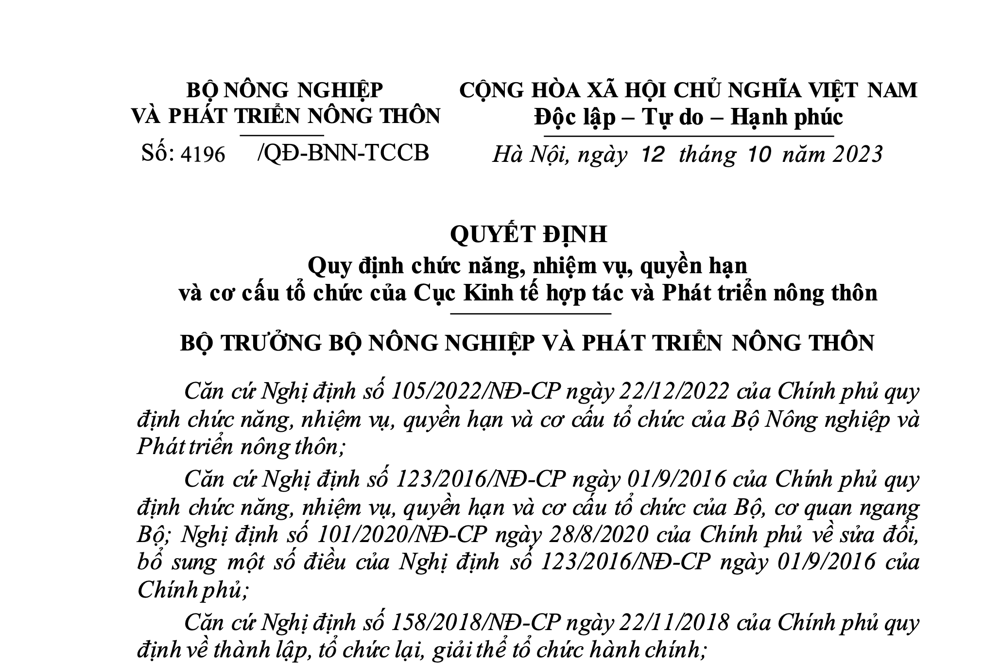 Quyết định Quy định chức năng, nhiệm vụ, quyền hạn và cơ cấu tổ chức của Cục Kinh tế hợp tác và Phát triển nông thôn