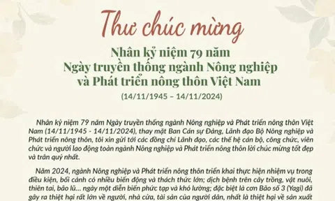 Bộ trường Lê Minh Hoan gửi thư chúc mừng nhân kỷ niệm 79 năm Ngày truyền thống ngành Nông nghiệp và Phát triển nông thôn Việt Nam (14/11/1945 - 14/11/2024)