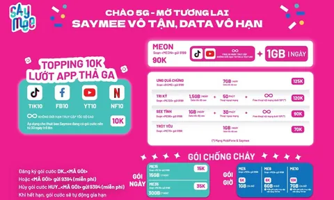 Điểm danh 4 gói cước Topping Saymee truy cập 4 ứng dụng MXH đình đám không giới hạn data chỉ 10K/ 30 ngày