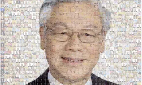 Portrait of General Secretary Nguyen Phu Trong assembled from thousands of small photos on tempered glass