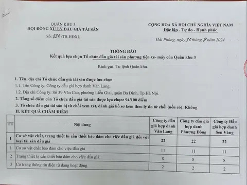 Thông báo kết quả lựa chọn tổ chức bán đấu giá tài sản