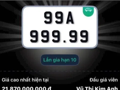 Biển số siêu VIP 99A - 999.99 lập kỷ lục đấu giá, vượt mốc 21,8 tỷ đồng