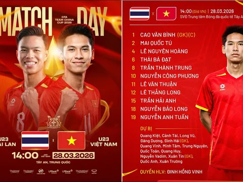 Cập nhật tỉ số U23 Việt Nam vs U23 Thái Lan - Trực tiếp CFA Team China 2026 ngày 28/3